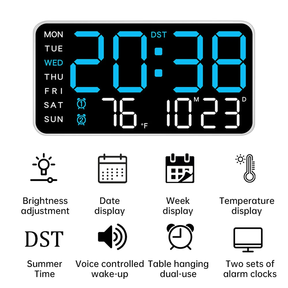 Large LED Wall Clock with Temp & Date