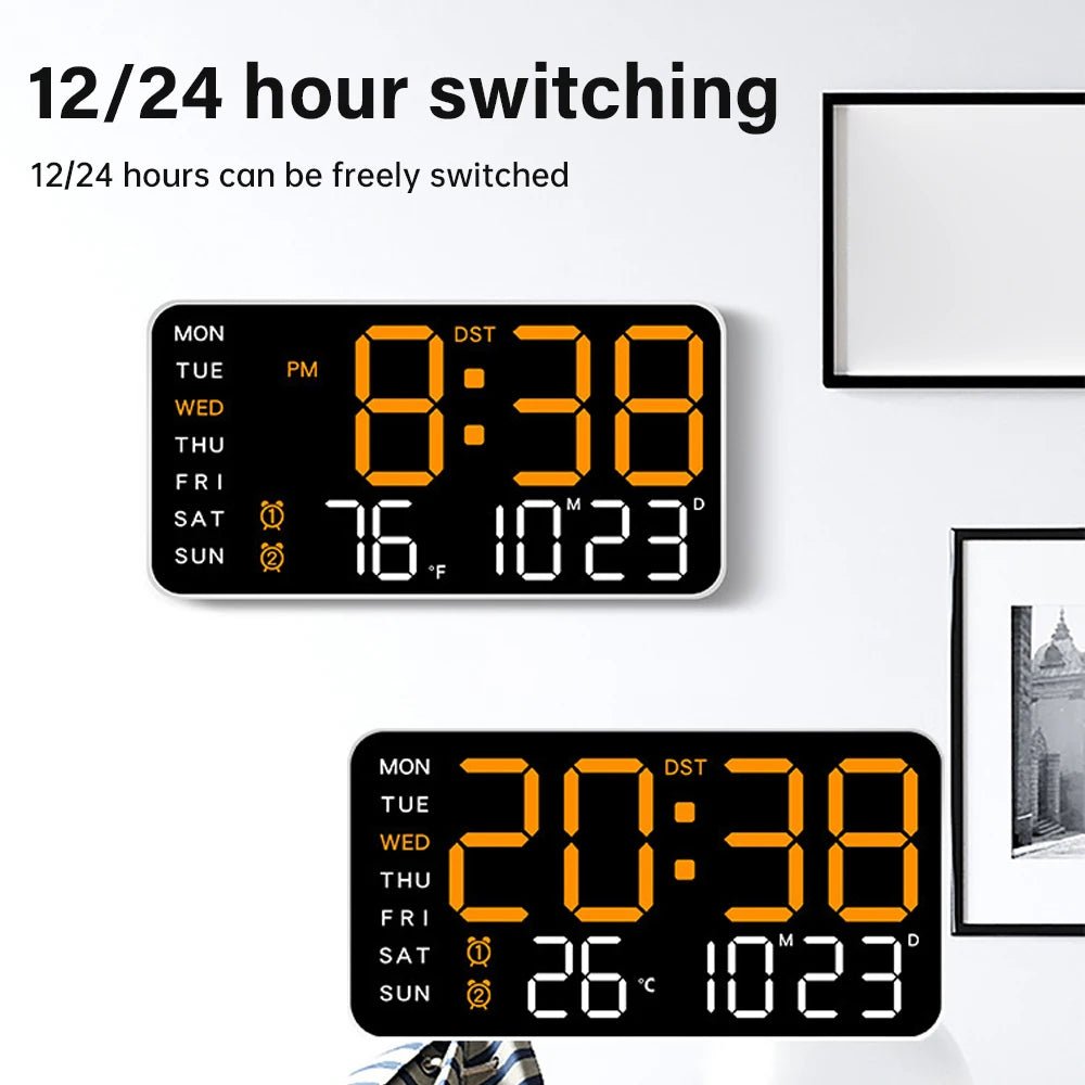 Large LED Wall Clock with Temp & Date