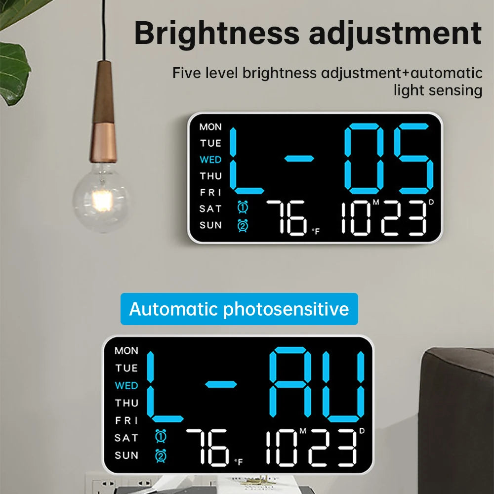 Large LED Wall Clock with Temp & Date