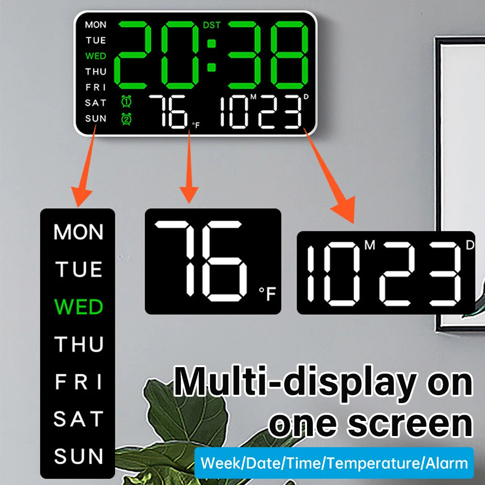 Large LED Wall Clock with Temp & Date